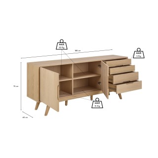Buffet en bois blanchi 2 portes 4 tiroirs L180 MARTINE - HELLIN