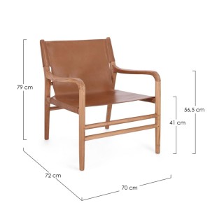 Fauteuil lounge à accoudoirs en bois teck et cuir pleine fleur LIAM - HELLIN