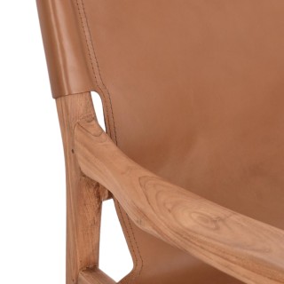 Fauteuil lounge à accoudoirs en bois teck et cuir pleine fleur LIAM - HELLIN