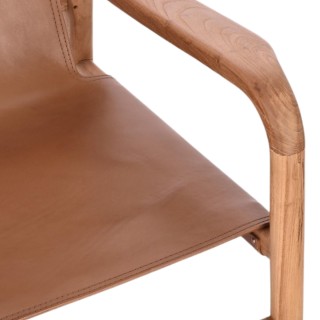Fauteuil lounge à accoudoirs en bois teck et cuir pleine fleur LIAM - HELLIN