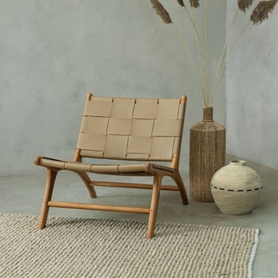 Fauteuil lounge en bois teck et cuir pleine fleur ROBERT - HELLIN