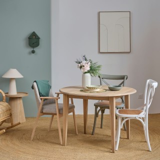 Table ronde extensible chêne blanchi 4/6 places D115 pieds fuseau avec 1 allonge VICTORIA - HELLIN