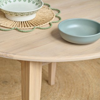 Table ronde extensible chêne blanchi 4/6 places D115 pieds fuseau avec 1 allonge VICTORIA - HELLIN