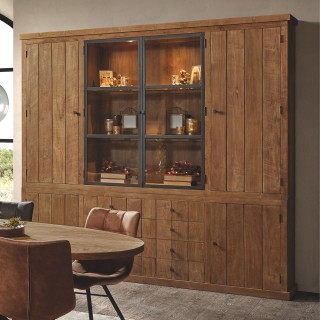 Buffet vaisselier en bois massif avec portes en verre et tiroirs en teck recyclé pour ranger tous vos objets