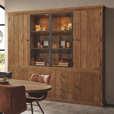Buffet vaisselier en bois massif avec portes en verre et tiroirs en teck recyclé pour ranger tous vos objets