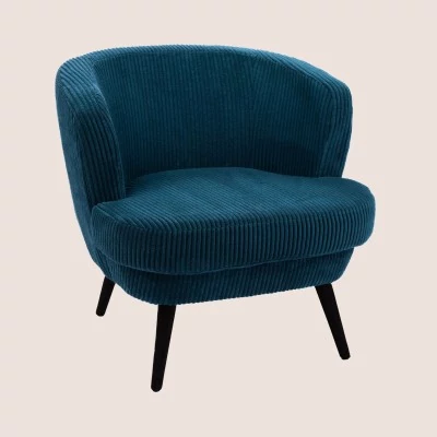 Fauteuil rétro en velours côtelé bleu et piétement noir DAGOBERT - HELLIN