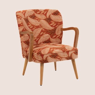 Fauteuil rétro en tissu feuillage et accoudoirs en bois HONEY - HELLIN