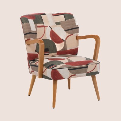 Fauteuil rétro en tissu motifs géométriques et accoudoirs en bois HONEY - HELLIN