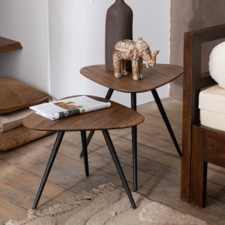 Table basse gigogne en teck recyclé brossé et en métal (set de 2) -HELLIN
