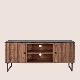 Meuble TV en bois d'acacia et marbre noir 2 portes 2 niches L130 VIRGINIE - HELLIN