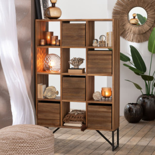 Bibliothèque en teck recyclé et pieds métal 7 niches 5 tiroirs - HELLIN