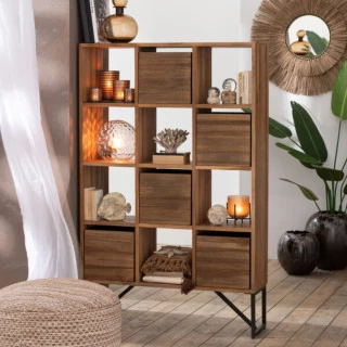 Bibliothèque en teck recyclé et pieds métal 7 niches 5 tiroirs - HELLIN