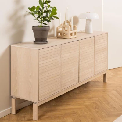 Buffet bas de salle à manger en chêne blanchi 4 portes L180 - HELLIN