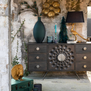 Buffet bas ethnique en bois de manguier 2 portes et 6 tiroirs PADANG - HELLIN