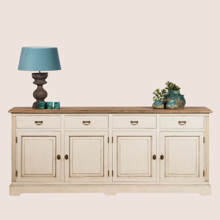 Long buffet bas en bois clair : 4 tiroirs et placards | Hellin