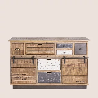 Buffet 2 portes 7 tiroirs bois et métal - Hellin