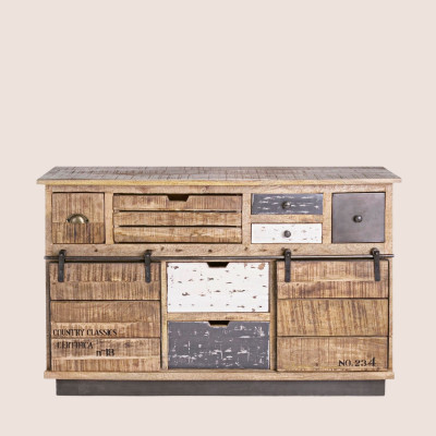 Buffet 2 portes 7 tiroirs bois et métal - Hellin