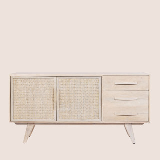 Buffet bas en bois de manguier blanchi 2 portes 3 tiroirs SHANNA - HELLIN