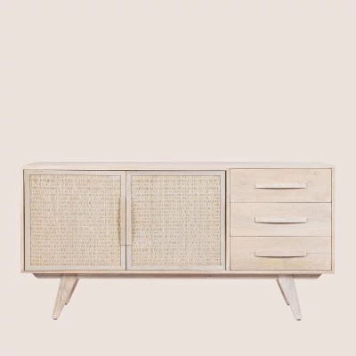 Buffet bas en bois de manguier blanchi 2 portes 3 tiroirs SHANNA - HELLIN