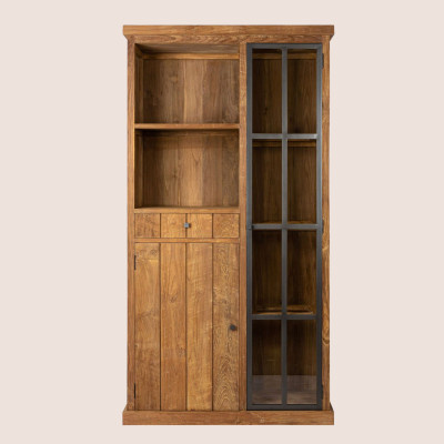 Vitrine en bois recyclé et métal 2 portes 2 tiroirs 2 niches ouverte - HELLIN