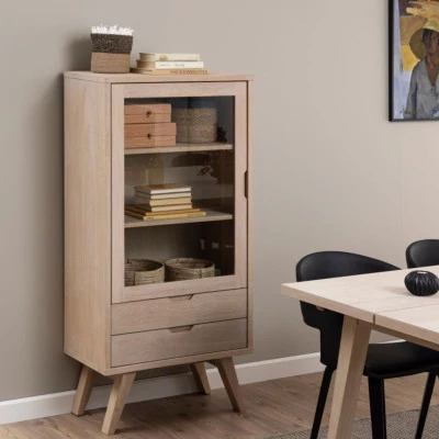 Vitrine scandinave en bois 2 tiroirs 1 porte en verre ALISIA - HELLIN
