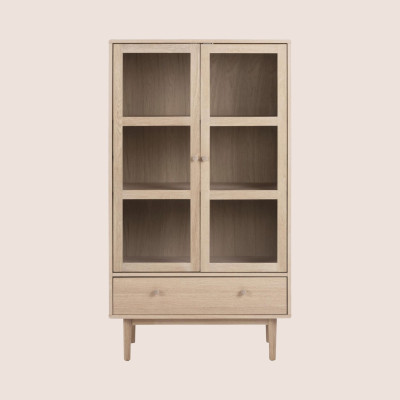 Vitrine scandinave en chêne blanchie 2 portes vitrées et 1 tiroir ASHLEY - HELLIN