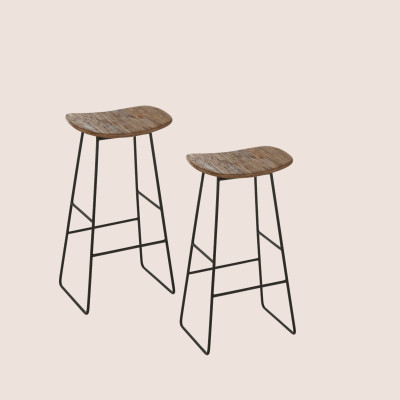 Tabouret de bar en teck recyclé brossé et en métal (lot de 2) -HELLIN