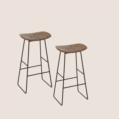 Tabouret de bar en teck recyclé brossé et en métal (lot de 2) -HELLIN