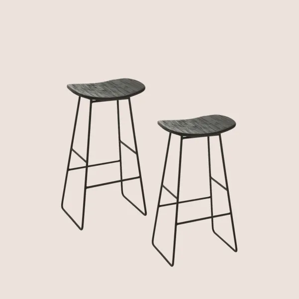 Tabouret de bar en teck recyclé brossé et en métal (lot de 2) -HELLIN