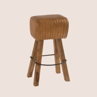Tabouret de bar industriel en bois et cuir SAMIR - HELLIN