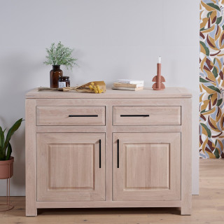 Buffet bas moderne en chêne blanchi : 2 tiroirs et portes | Hellin