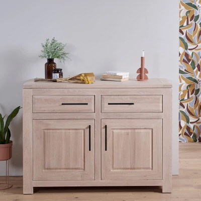 Buffet bas moderne en chêne blanchi : 2 tiroirs et portes | Hellin