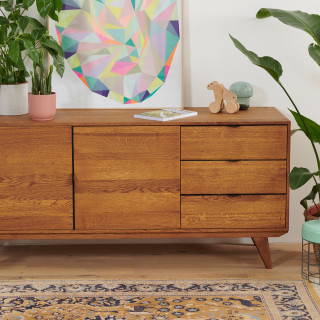 Buffet bas vintage : 2 portes et 3 tiroirs / Bois massif | Hellin