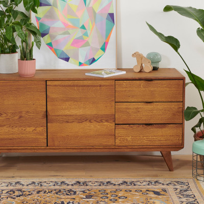 Buffet bas vintage : 2 portes et 3 tiroirs / Bois massif | Hellin