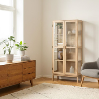 Vitrine en chêne blanchi et verre 2 portes L80 - HELLIN