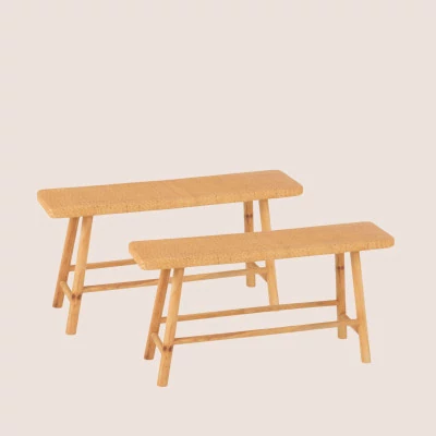 Banc 2 personnes en pin et rotin naturel L92 LAOS - HELLIN