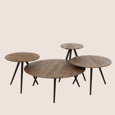 Tables basses gigognes rondes en teck recyclé et métal (set de 4) -HELLIN
