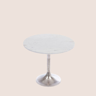 Bout de canapé tulipe en métal argenté et marbre blanc D55 PLAKA - HELLIN