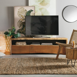 Meuble TV en bois d'acacia naturel 3 tiroirs 1 niche L160 MIMOSA - HELLIN