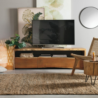 Meuble TV en bois d'acacia naturel 3 tiroirs 1 niche L160 MIMOSA - HELLIN