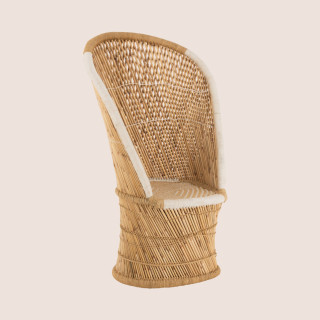 Fauteuil vintage à dossier haut en osier naturel et blanc 1 place - PASO