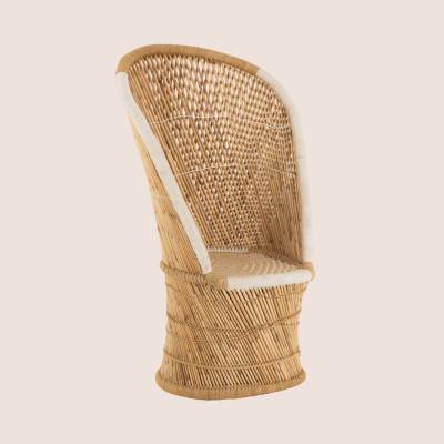 Fauteuil vintage à dossier haut en osier naturel et blanc 1 place - PASO