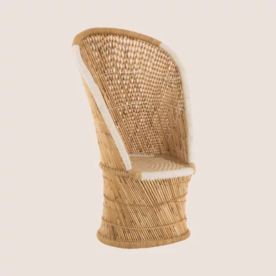 Fauteuil vintage à dossier haut en osier naturel et blanc 1 place - PASO