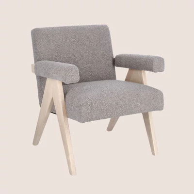 Fauteuil bouclette à accoudoirs et bois naturel - ZAIA