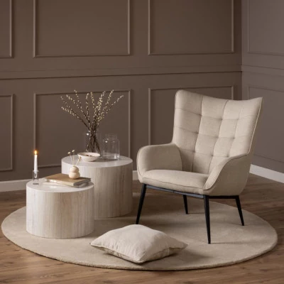 Fauteuil en tissu beige capitonné piétmeent oblique en métal noir - OTIS