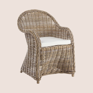 Fauteuil à accoudoirs en rotin naturel et coussin en coton SAINT TROPEZ - HELLIN