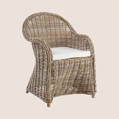 Fauteuil à accoudoirs en rotin naturel et coussin en coton SAINT TROPEZ - HELLIN
