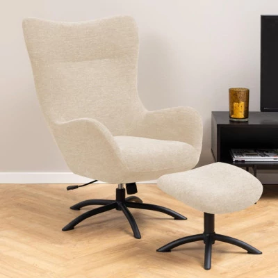 Fauteuil à oreilles pivotant avec repose-pieds en tissu BRISTOL - HELLIN