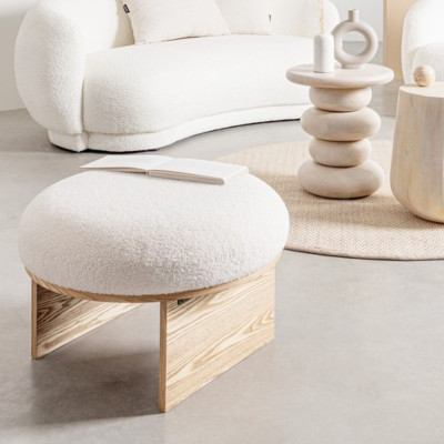 Pouf rond en bois et bouclette blanc D60 PAVEL - HELLIN