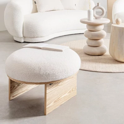 Pouf rond en bois et bouclette blanc D60 PAVEL - HELLIN